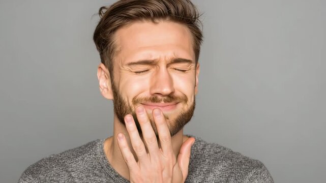 Man shows expressions of discomfort and relief while touching his face and smiling in a simple indoor setting