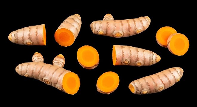 Freshly cut turmeric rhizomes arranged against a solid black background