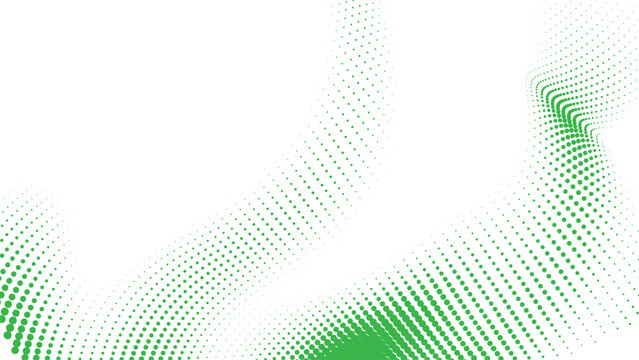 Abstract green halftone wave background with flowing dotted pattern on white, dynamic digital data stream texture for modern technology design, banner, presentation, UI, cover and creative vector 