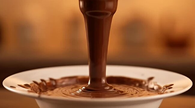 Chocolate cascade falling into a bowl creating mesmerizing circular patterns, rich and decadent