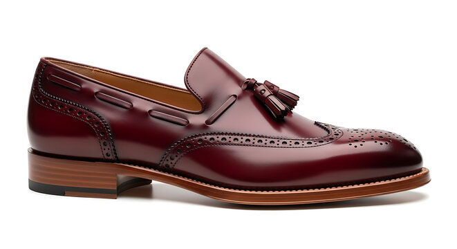 A stylish burgundy leather loafer with tassel and brogue details