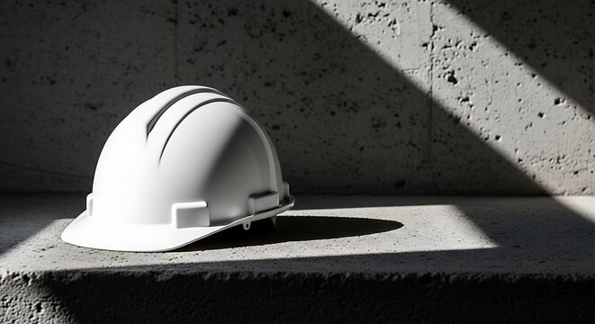 A white construction helmet sits in shadow against a rough concrete background