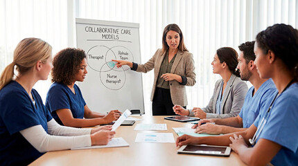 Fototapeta premium A woman presents a collaborative care model to a group of healthcare professionals in a meeting room