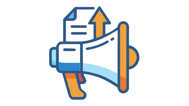 Vector illustration of a digital marketing megaphone icon with a document and growth arrow, symbolizing SEO search optimization, advertising, and business promotion in a flat minimalist style.