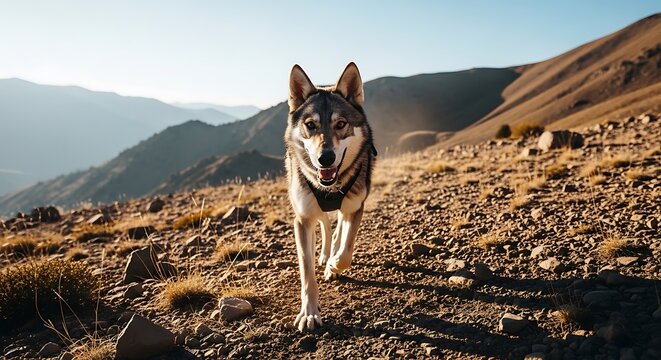 A wolf-like dog strides purposefully toward the camera on a mountain trail, lit by golden light