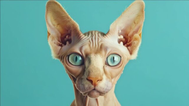 Sphynx cat stares intently against teal backdrop. Large ears stand upright on its head. Bright green eyes gaze directly at viewer. Soft pink skin shows gentle wrinkles