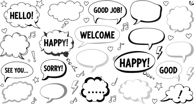 Set of comic speech bubbles with text and decorative elements