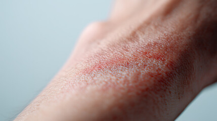 Fototapeta premium Close-up of irritated skin with rash and redness on arm, dermatological condition, allergy or irritation concept.