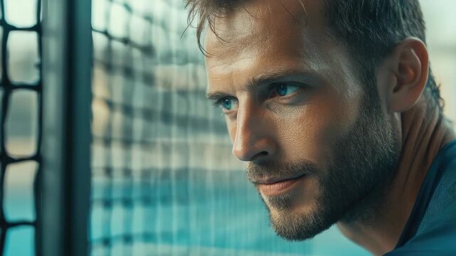 A man in a gym setting, looking intense and focused as he prepares for a workout or competitive swim.
