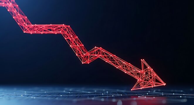 Abstract red geometric arrow pointing down, representing a decline on dark textured background