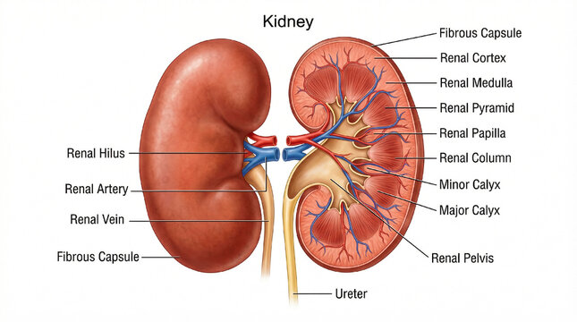A detailed illustration of a human kidney anatomy