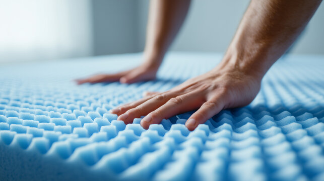 Hands pressing blue textured mattress surface, demonstrating ergonomic support, airflow structure and comfort technology.