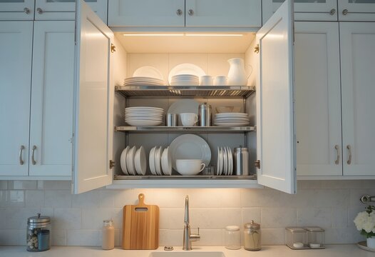Modern kitchen interior design featuring an open cabinet with impeccably organized white dishes and elegant lighting