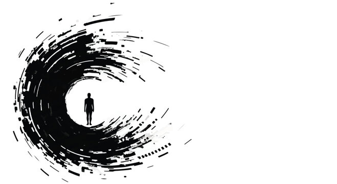 man standing alone in abstract swirling tunnel
