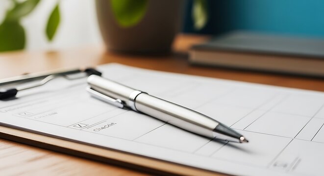 Close-up of a pen on a clipboard with a plant and notebook in the background
