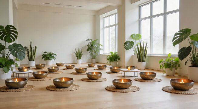 Sound Healing Meditation Room with Singing Bowls Gong and Zen Interior Setup
