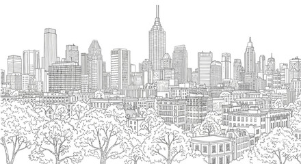 Fototapeta premium Detailed Black and White Sketch of a Bustling City Skyline with Trees in Foreground
