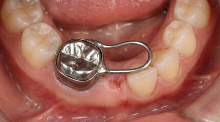 Obraz premium Pediatric dental stainless steel crown with space maintainer loop in child mouth.