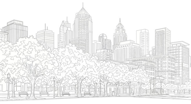 Cityscape park with trees and benches against a backdrop of modern skyscrapers