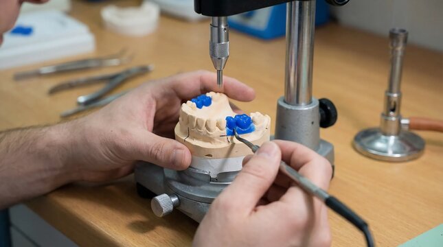 Dental technician working on a prosthetic model in a dental laboratory.