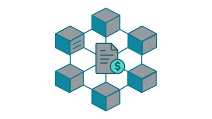 Obraz premium Scalable vector icon illustration of cryptocurrency mining and blockchain technology featuring a central digital document with a dollar sign coin surrounded by a network of interconnected 3D blocks.
