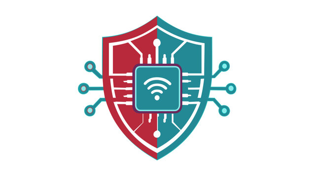 Vector illustration of a digital security shield featuring a central microchip with a Wi-Fi symbol and circuit board lines, representing wireless network protection and blockchain security.