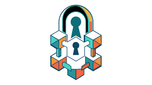 Vector icon illustration of a digital asset security lock with blockchain cubes, representing decentralized data protection, cryptocurrency safety, and secure network encryption technology.
