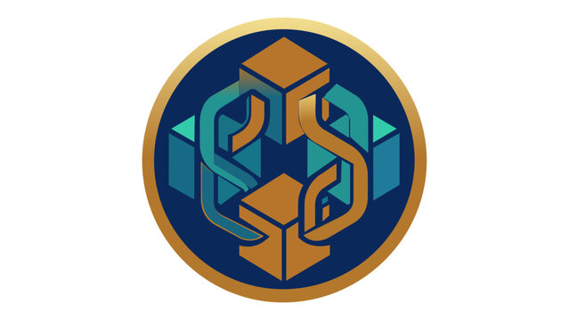Premium blockchain vector icon illustration featuring 3D isometric cubes and interlocking chain links in gold and teal gradients. Professional logo for cryptocurrency and decentralized apps.