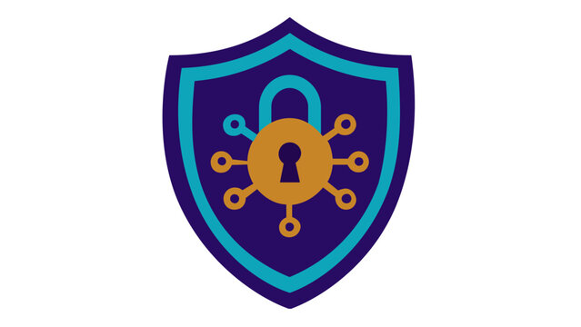 Smart contract vector icon illustration with a shield and digital padlock featuring circuit nodes, representing blockchain security, data protection, and decentralized technology.