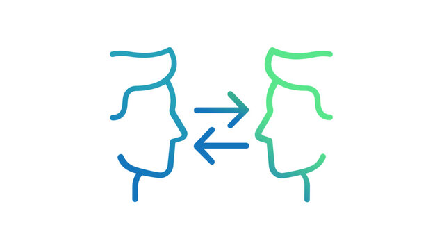 Peer to peer vector icon illustration for blockchain apps. Minimalist line art showing two human profiles with exchange arrows in blue green gradient. Scalable flat design. AI-generated graphic.