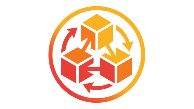 Vibrant Blockchain Smart Contract Vector Icon Illustration with Interconnected 3D Cubes and Circular Arrows in a Red and Orange Gradient, Representing Decentralized Data Networks and Technology.