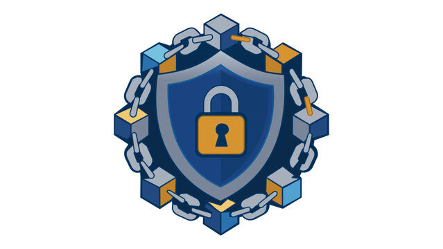 Blockchain security vector icon illustration with a blue shield and gold padlock surrounded by a chain of digital data blocks, representing decentralized encryption and asset protection.
