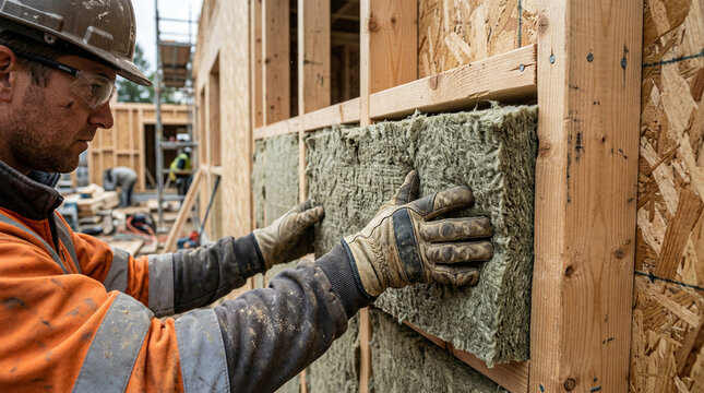 A diligent construction worker wearing safety glasses and gloves carefully installs a thick batt of insulation into the wooden frame of a new building.