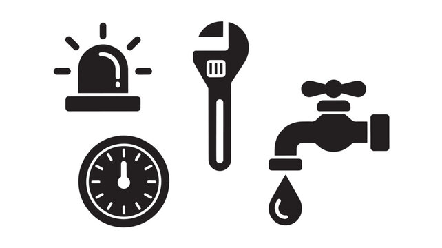Repair and Maintenance Icons Set with Wrench, Faucet, Alarm Clock and Gauge for Emergency Service Concepts