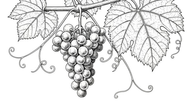 Grapevine Branch with Ripe Grapes and Leaves, Black and White Illustration