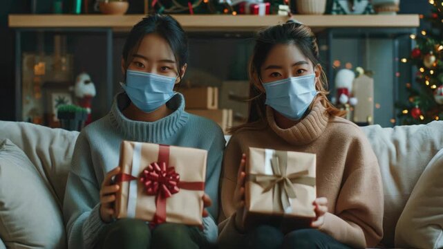 Two women enjoying a masked gift exchange during the Christmas season, celebrating indoors amidst festive decorations while adhering to safety guidelines.