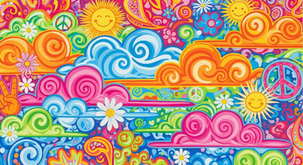 Fototapeta premium Retro Psychedelic Clouds Sun Flowers Peace Signs Vibrant Colors 70s Style