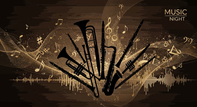 Jazz Music Night: Saxophone, Trumpet, Clarinet with Musical Notes and Sound Waves