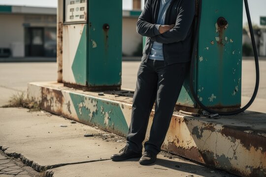 Man leaning against weathered gas pump at abandoned station with peeling paint