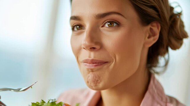 Enjoying a fresh salad during lunchtime at a bright cafe with a view on a sunny day