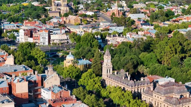 Bendigo Aerial Footage City Skyline and Lush Gardens of Rosalind Park Cathedral View Street Aerials, Victoria Australia 4K