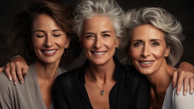 Three older women posing together with happiness and confidence, likely family members or close friends.