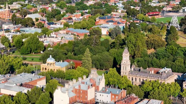 Bendigo Aerial Footage Central Business District Gardens Poppet Head Visitor Centre Rosalind Park 4K Panorama Victoria Australia