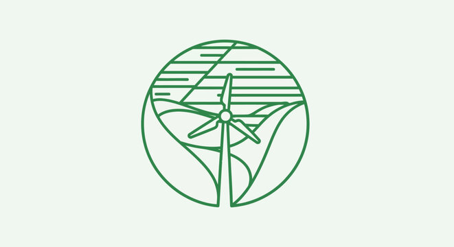 A green line drawing of a windmill inside a circle with horizontal lines on a light green background