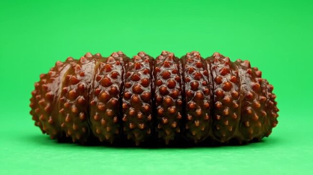 A close-up shot of a segmented, spiky brown insect larva or caterpillar against a vibrant green background.