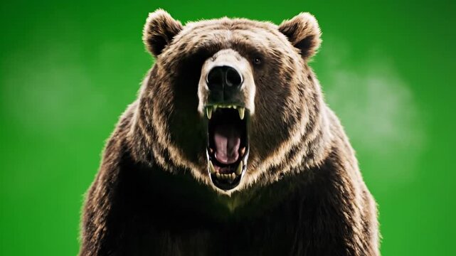 A powerful brown grizzly bear roars aggressively with its mouth wide open, showcasing its teeth against a vibrant green background.