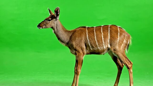 A young kudu with distinctive white stripes stands in full profile against a vibrant green studio background.