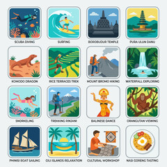 Fototapeta premium Collection of diverse travel and cultural activities and landmarks from an Indonesian island