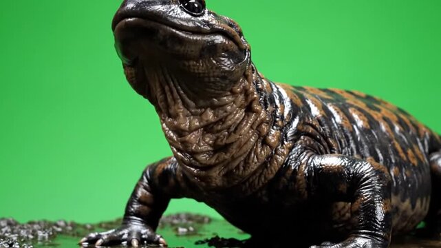 Close-up of a detailed salamander with dark skin and patterned markings, standing on a wet surface against a vibrant green background.