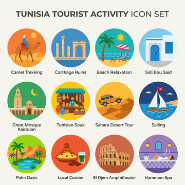Tunisia Tourist Activity Icon Set Showcasing Cultural and Natural Attractions